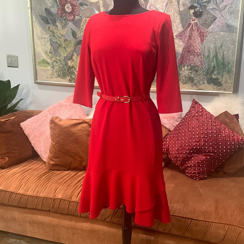 Great Calvin Klein Red Dress with Bottom Ruffle